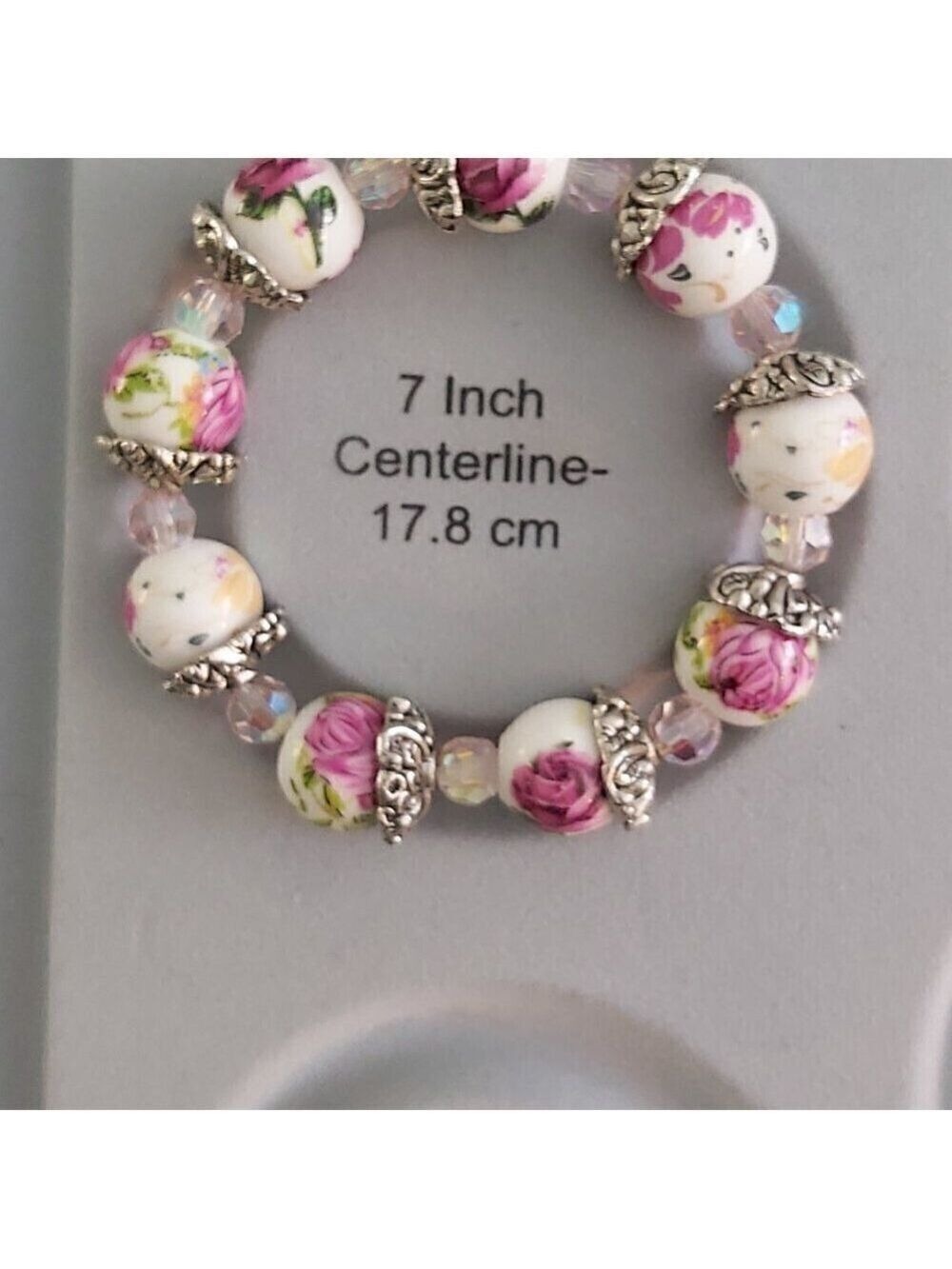 7 Inch Rose Ceramic & Czech AB Crystal Bead Bracelet - Metal Cap Flower Spacers - Picture 3 of 4
